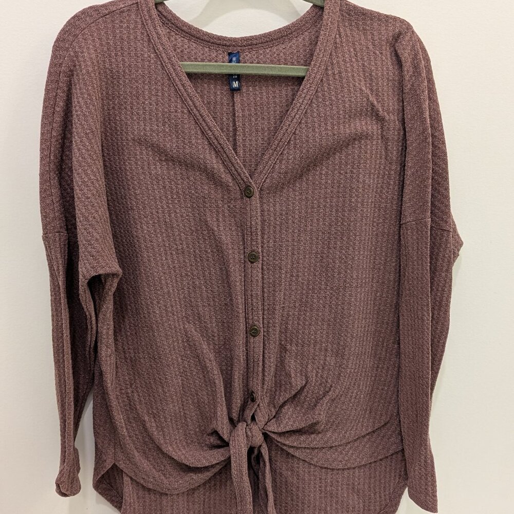 Mauve Tie Front Waffle Weave Top